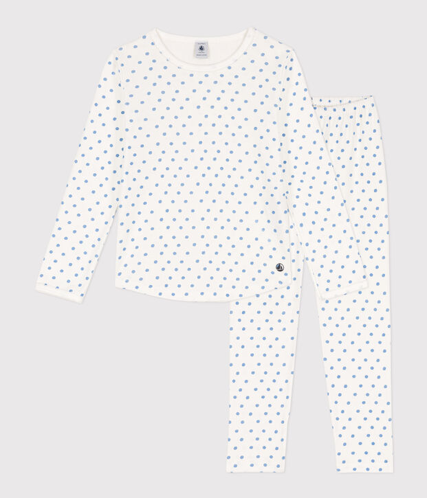 Katoenen meisjespyjama met stippen wit/blauw