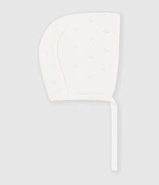 Bonnet b&eacute;b&eacute; en tricot ajour&eacute;e blanc