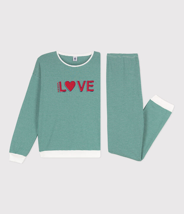 Pyjama milleraies femme en coton vert/blanc