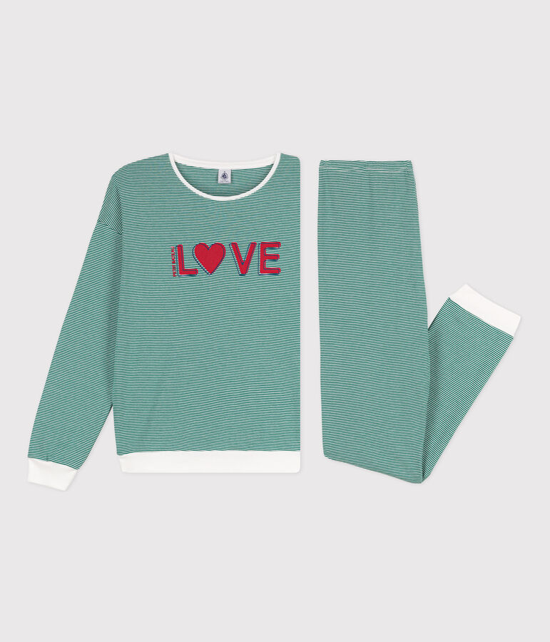 Katoenen damespyjama met milleraies-streepjes groen/wit