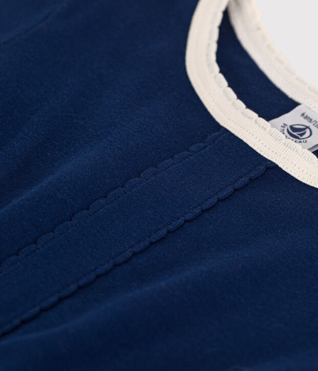Robe manches courtes en coton enfant fille bleu fonc&eacute;