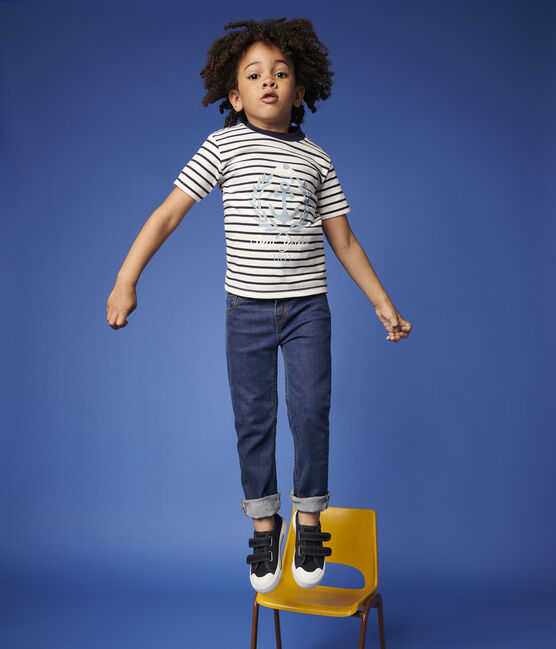 Jersey T-shirt met korte mouwen voor jongens wit MARSHMALLOW/blauw SMOKING