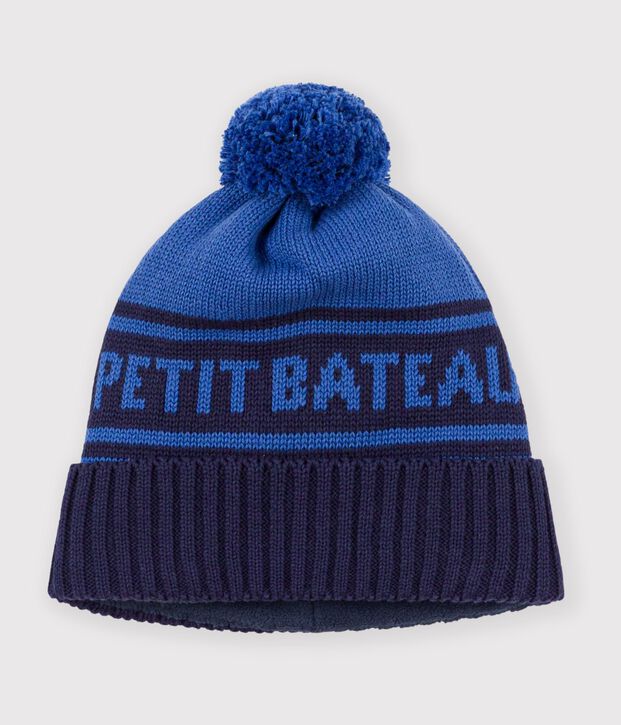 Kindermuts van jacquardtricot met fleecevoering blauw/blauw