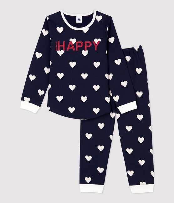 Meisjes/jongens pyjama van molton met hartjesprint blauw SMOKING/wit MARSHMALLOW