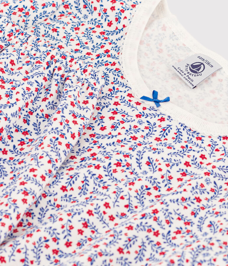 Korte meisjespyjama met bloemen in katoen. wit MARSHMALLOW/wit MULTICO