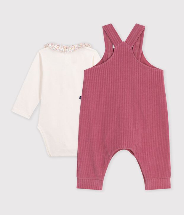 Ensemble salopette et body b&eacute;b&eacute; en coton avec col uni rose/&eacute;cru