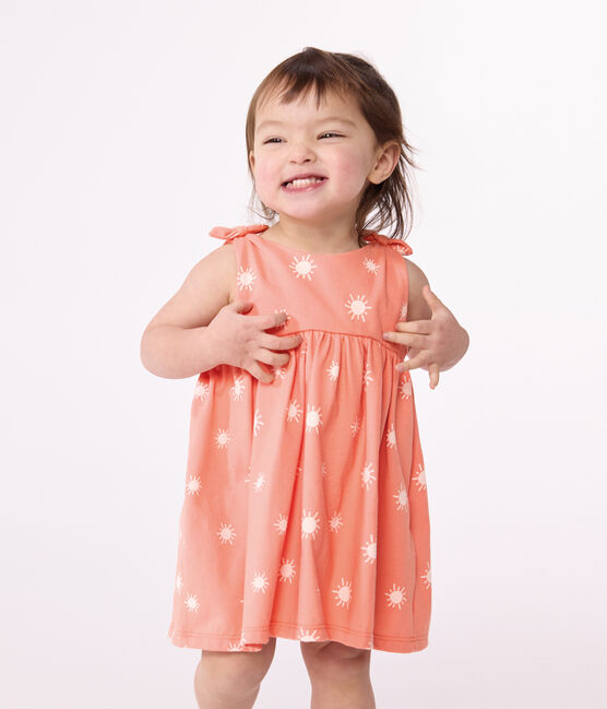 Katoenen mouwloos babyjurkje met zonnetjesprint oranje ABRICOT/ MARSHMALLOW