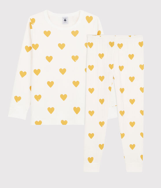 Jongens/meisjes pyjama met gele hartjesprint van tubic en biologisch katoen wit MARSHMALLOW/geel OCRE