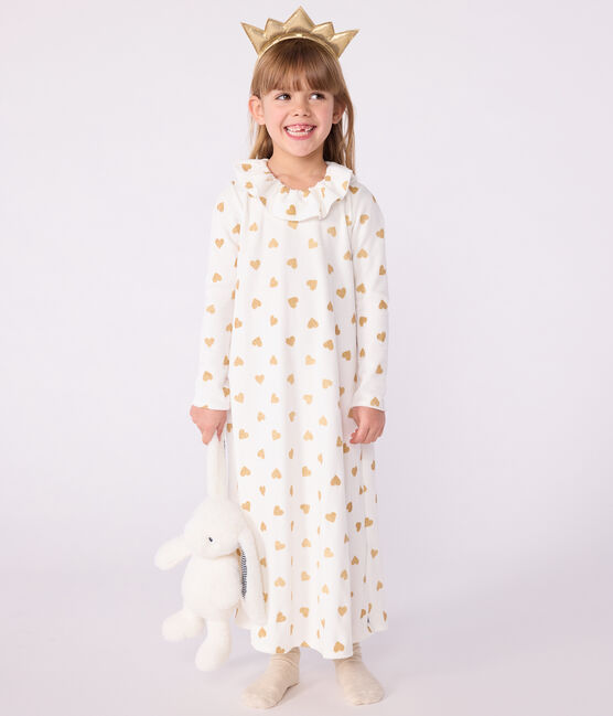 Nachthemd van velours met goudkleurige hartjesprint voor kinderen ecru MILK+DORE