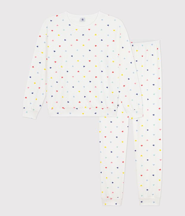 Pyjama femme en coton et &eacute;lasthanne imprim&eacute; c&oelig;urs blanc/multicouleur