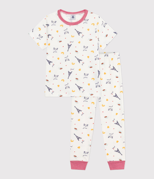 Pyjama enfant en coton manches courtes et jambes longues imprim&eacute; blanc/multicouleur