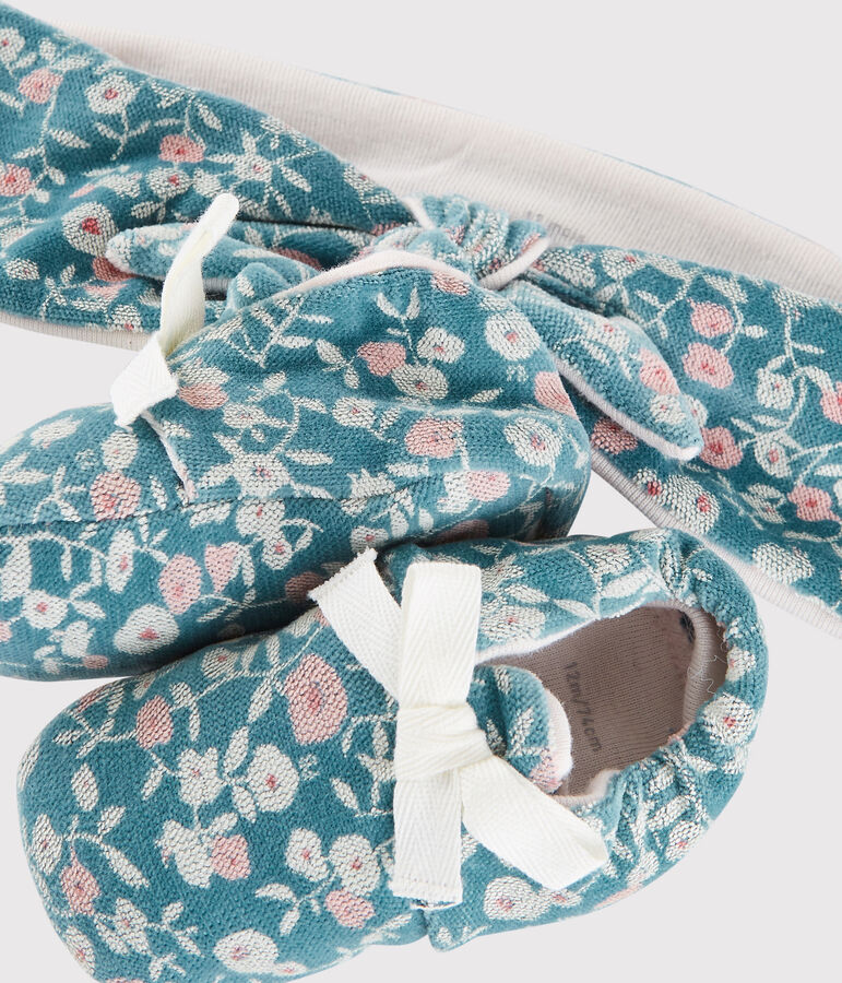 Lot bandeau et chaussons fleuri b&eacute;b&eacute; fille en velours vert/multicouleur