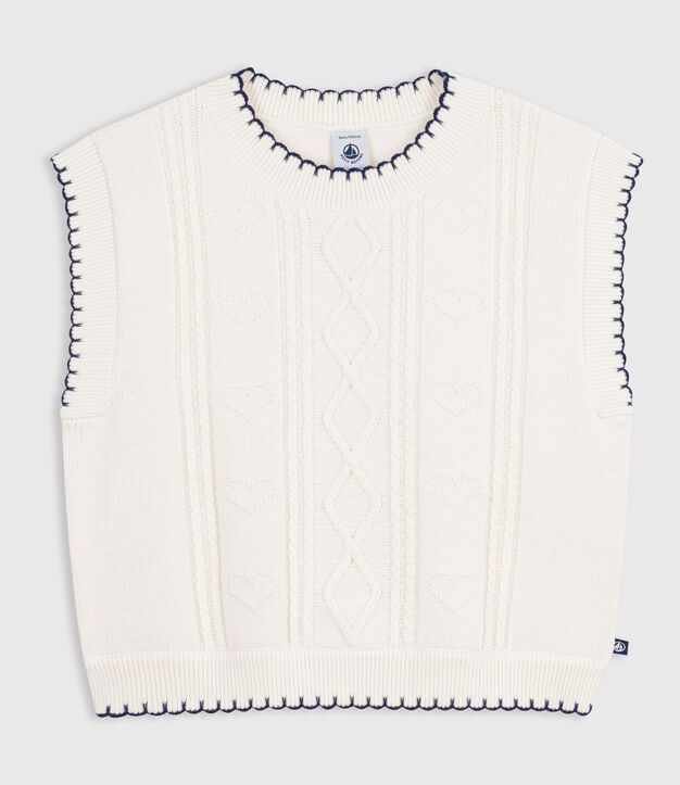 Mouwloze kindertrui van wol en katoen met kabeltricot wit