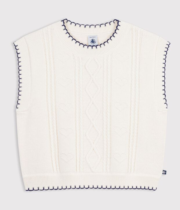 Mouwloze kindertrui van wol en katoen met kabeltricot wit
