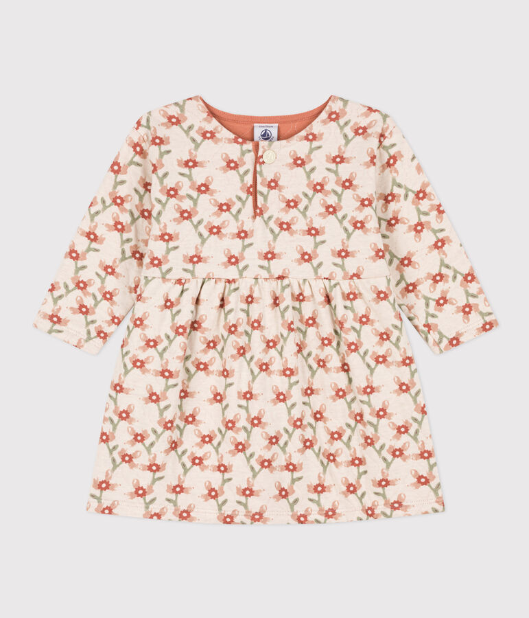 Jurk met lange mouwen in doorgestikte tubic met print voor baby's ecru/multicouleur