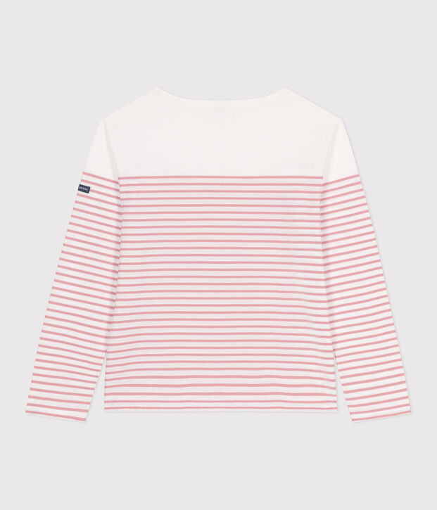 Tee-shirt marini&egrave;re femme en coton manches longues blanc/rose
