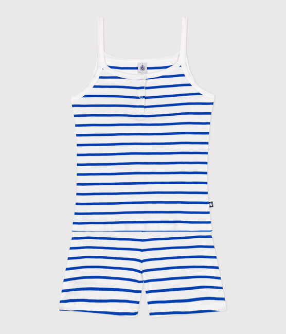 Korte, gestreepte damespyjama met bandjes van katoen wit MARSHMALLOW/blauw PERSE