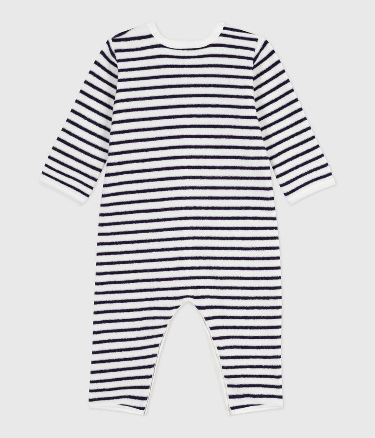 Katoenen babypyjama zonder voetjes met streepjesprint ecru/blauw