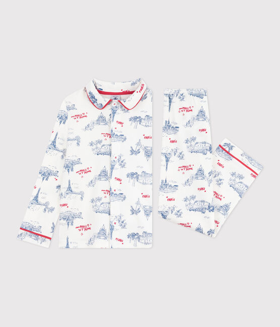 Pyjama enfant en coton boutonné imprimé Paris blanc MARSHMALLOW/blanc MULTICO