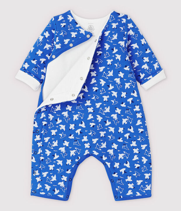 Lange vogel-jumpsuit voor baby van doorgestikt tubic biologisch katoen blauw/multicouleur