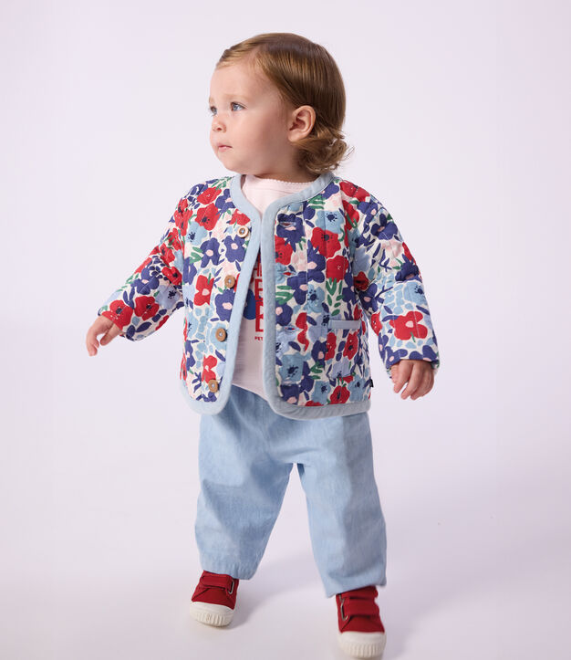 Katoenen babyjasje met tinneroy-streepje en bloemenprint wit/multicouleur