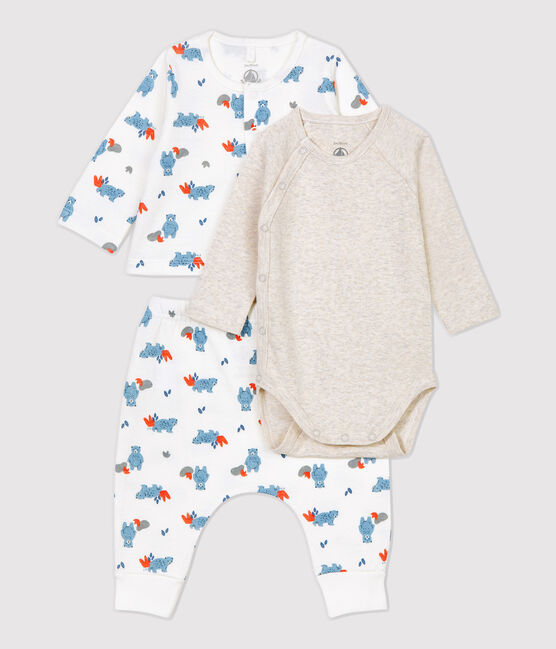 Driedelige set met berenprint van biologisch katoen wit MARSHMALLOW/wit MULTICO