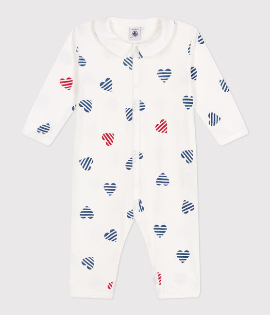 Gestreepte katoenen babypyjama met hartjes en strepen zonder voetjes met kraag  wit MARSHMALLOW/wit MULTICO