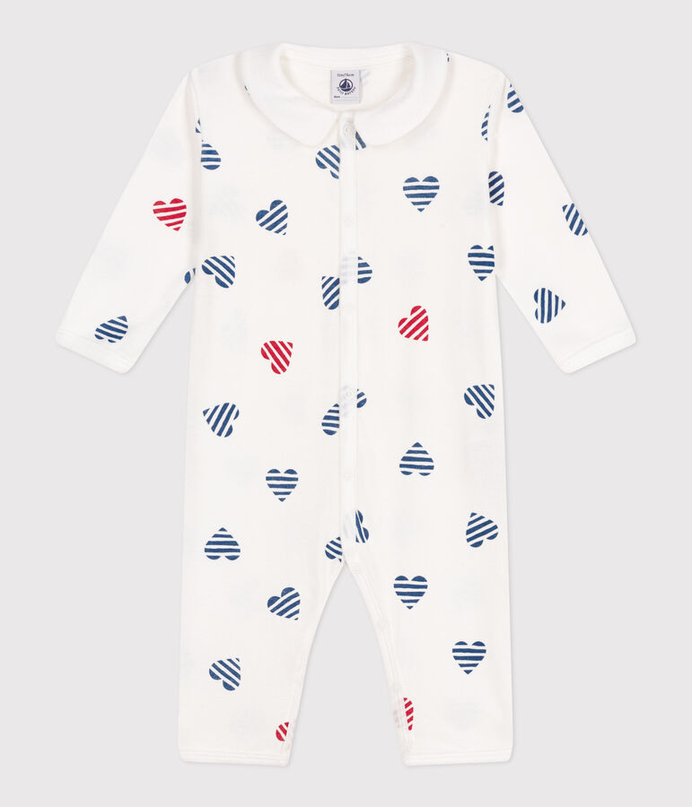 Gestreepte katoenen babypyjama met hartjes en strepen zonder voetjes met kraag wit/multicouleur