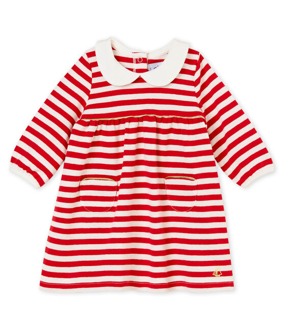 Gestreepte jurk met kraag voor babymeisjes rood TERKUIT/wit MARSHMALLOW