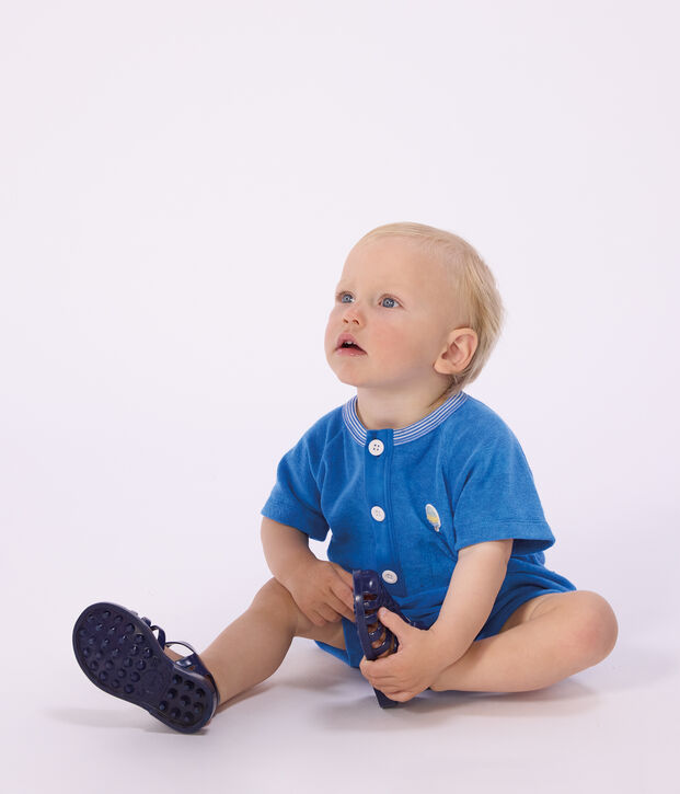 Combinaison courte b&eacute;b&eacute; en coton unie bleu