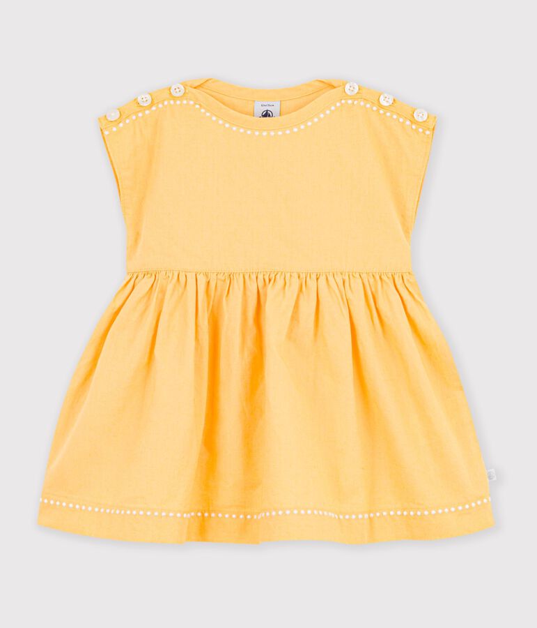 Robe b&eacute;b&eacute; en coton/lin manches courtes unie jaune