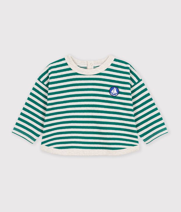 Gestreept T-shirt met lange mouwen in katoen voor baby's groen/beige