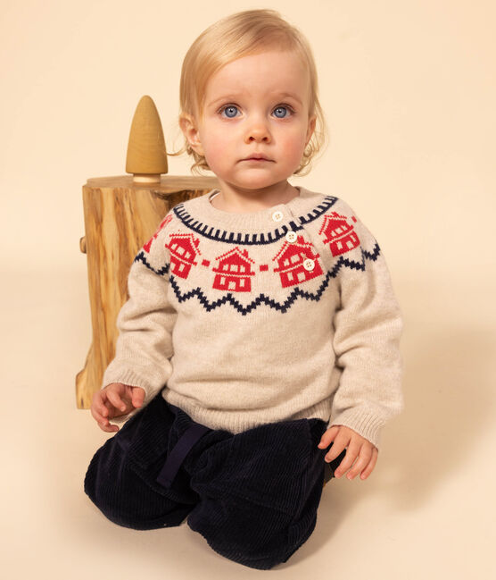 Gebreide jacquard trui in wol en katoen voor baby's beige MONTELIMAR/wit MULTICO