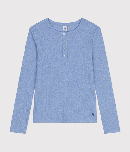 Tee-shirt manches longues col tunisien en côte désaiguillée unie uni femme bleu SKY CHINE