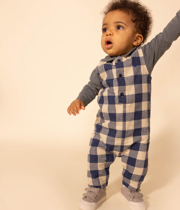 Combinaison sans manche en flanelle b&eacute;b&eacute; bleu/&eacute;cru