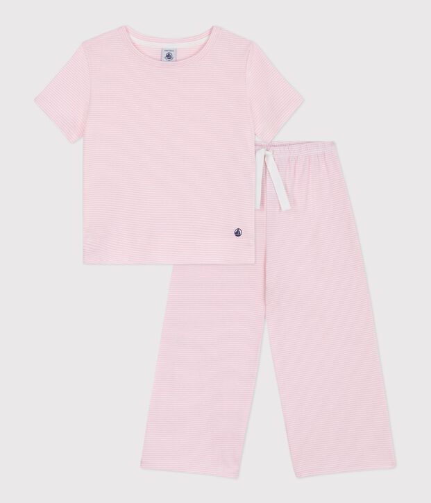 Pyjama enfant en coton manches courtes jambes larges &agrave; rayures rose/blanc