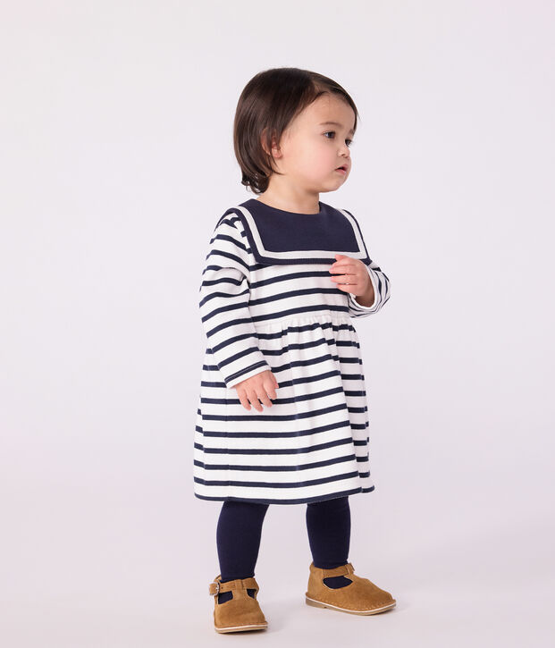 Babyjurk met marinestreepjes en lange mouwen in dik katoen wit/blauw