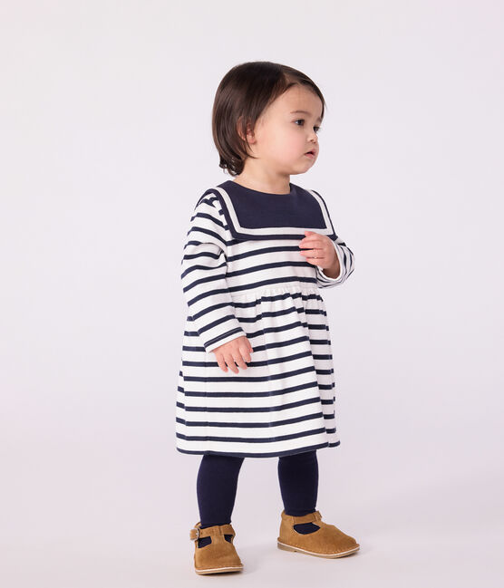 Babyjurk met marinestreepjes en lange mouwen in dik katoen wit MARSHMALLOW/blauw SMOKING