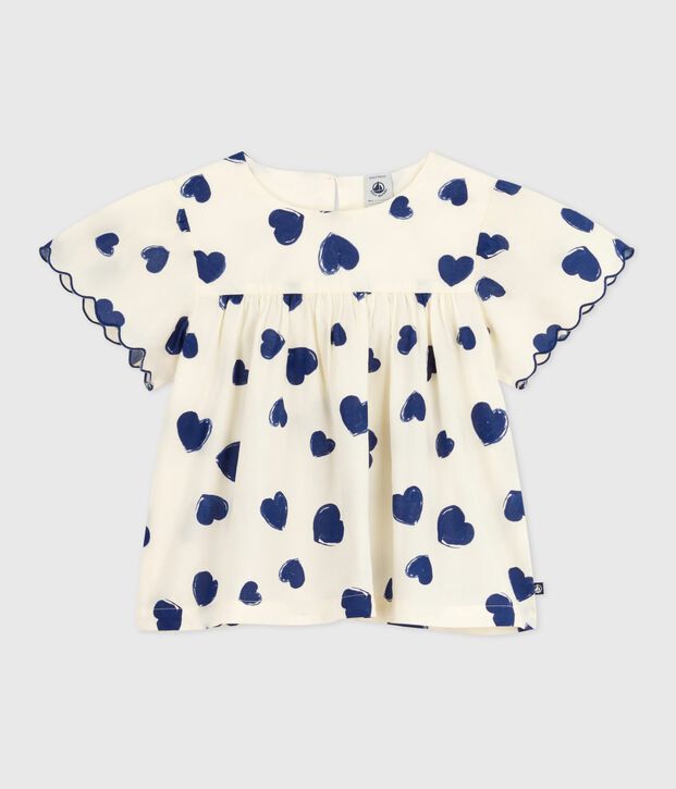 Blouse enfant en popeline de coton manches courtes imprim&eacute;e bleu/bleu
