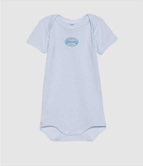 Babybody met korte mouwen en milleraies-strepen voor jongens blauw FRAICHEUR/wit ECUME