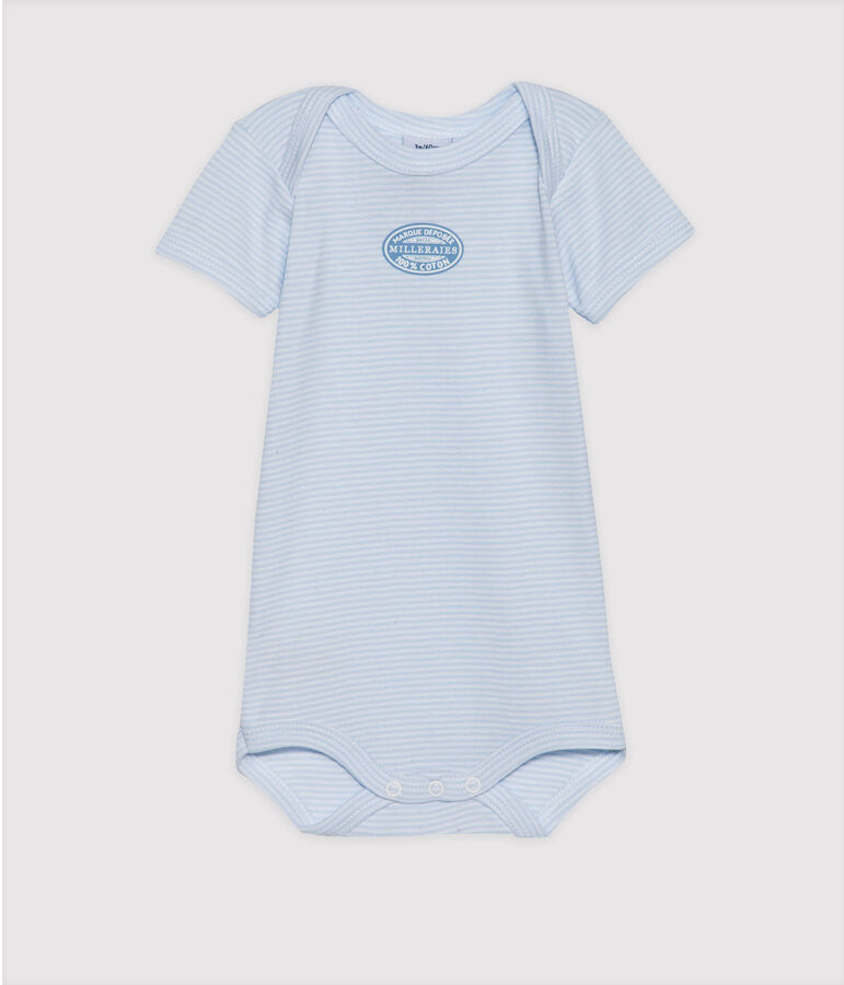 Babybody met korte mouwen en milleraies-strepen voor jongens blauw FRAICHEUR/wit ECUME