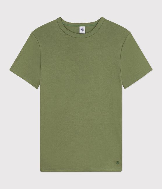 Dames-T-shirt van effen katoen met korte mouwen groen OLIVINE