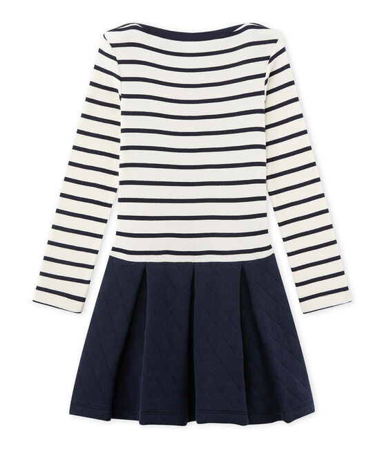 Robe fille bi-matière beige COQUILLE/bleu SMOKING