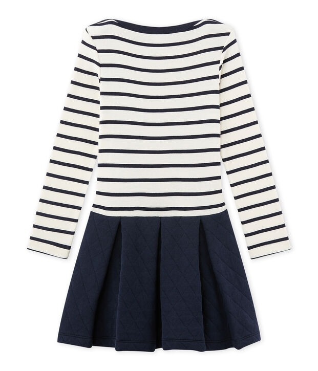 Robe fille bi-mati&egrave;re blanc/bleu