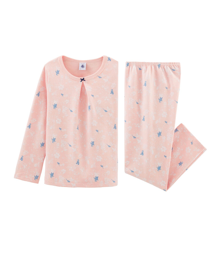 Roze meisjespyjama met pingu&iuml;n print van dubbelzijdig jersey roze MINOIS/wit MULTICO