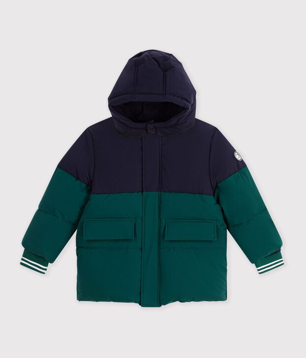 Effen donsjack voor kinderen met colorblock groen/blauw
