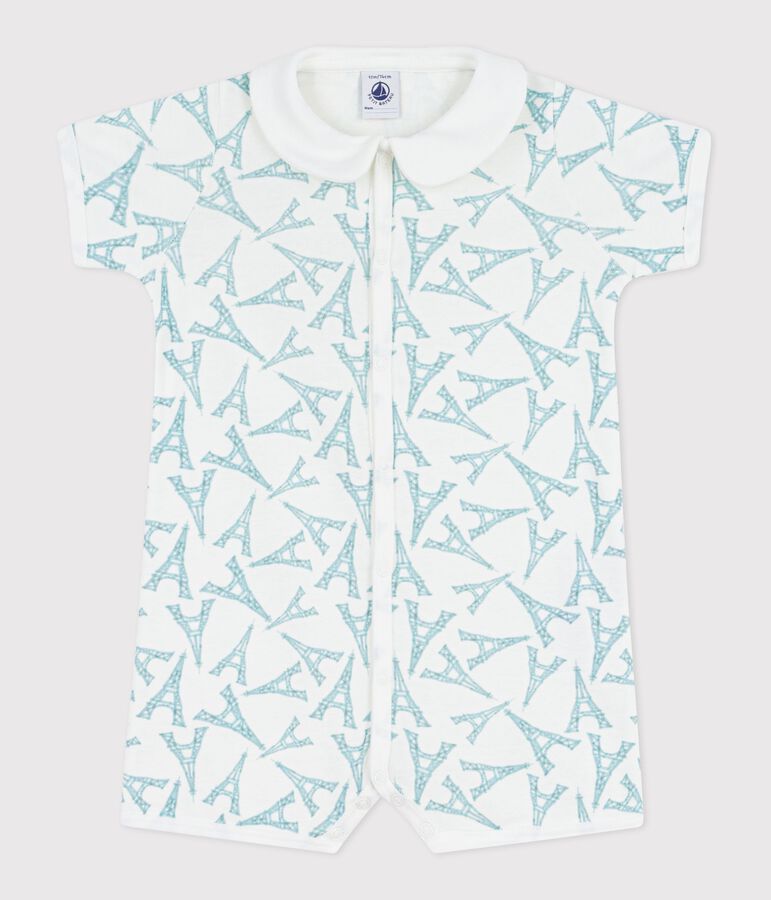 Combinaison courte b&eacute;b&eacute; en coton &agrave; col imprim&eacute; Tour Eiffel blanc/vert