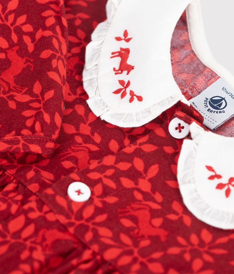Katoenen babyjurkje met lange mouw, print en geborduurd kraagje rood/rood