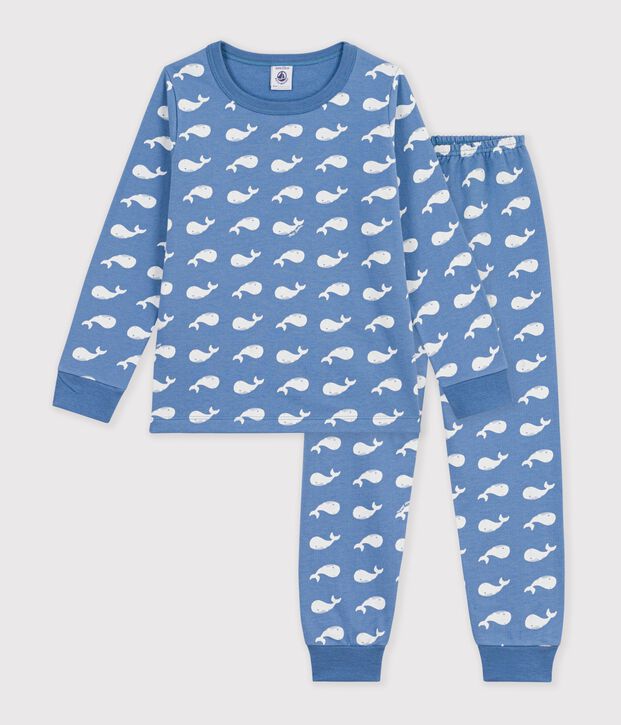 Pyjama enfant en molleton imprim&eacute; baleines bleu/blanc