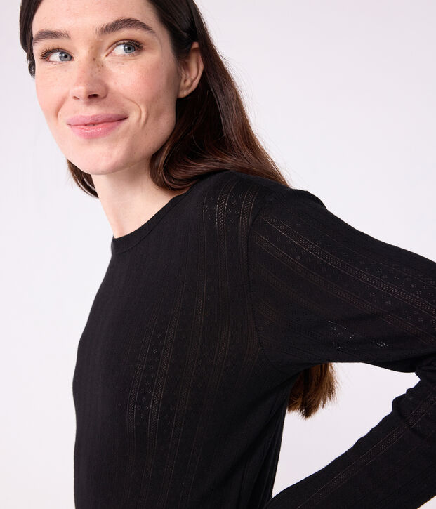Tee-shirt femme l'iconique en coton ajour&eacute; manches longues noir